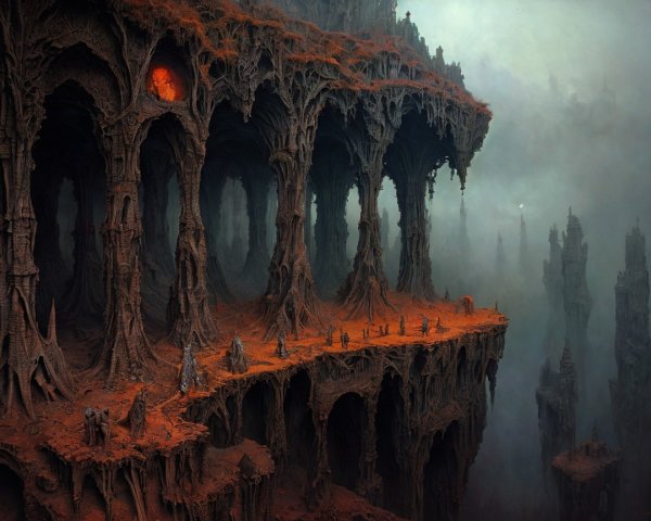 Surreal Landscape with Carved Rock Formations and Fog