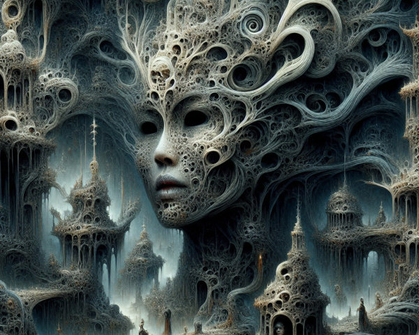 Surreal Landscape with Intricate Face and Labyrinthine Forms