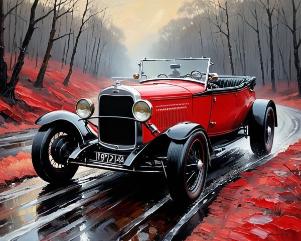 Vintage 1920s Red Convertible on Misty Autumn Road
