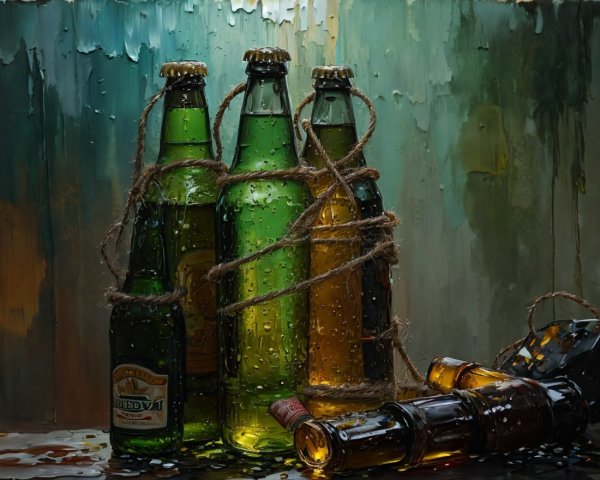 Cluster of Glass Bottles with Water Droplets