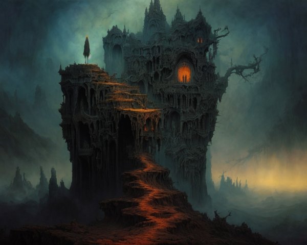Mysterious Castle in Otherworldly Landscape with Mist