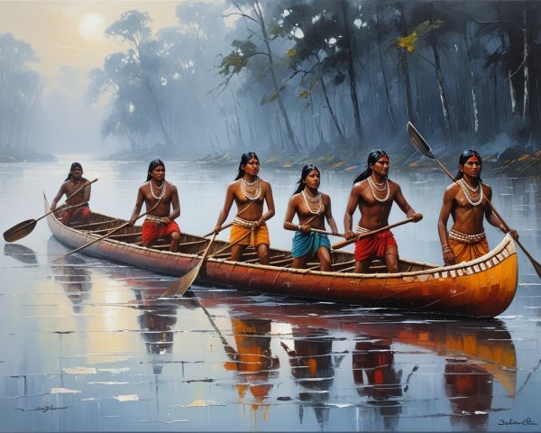 Serene River Scene with Indigenous Canoe at Dawn