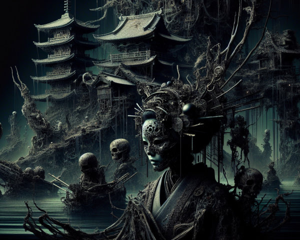 Intricate Scene of East Asian Architecture and Gothic Horror