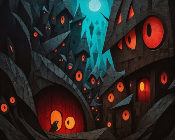 Whimsical Night Scene with Angular Houses and Moonlight