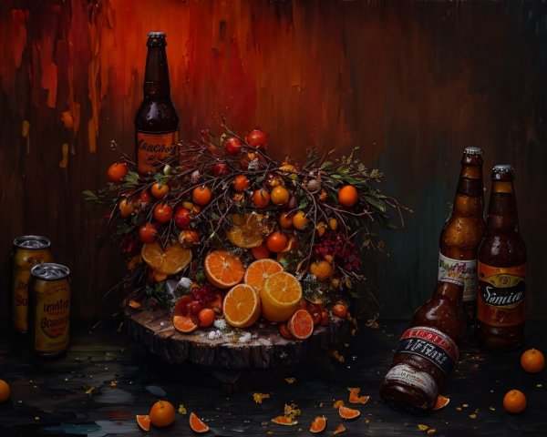 Vibrant Still Life with Fruit and Beer Bottles