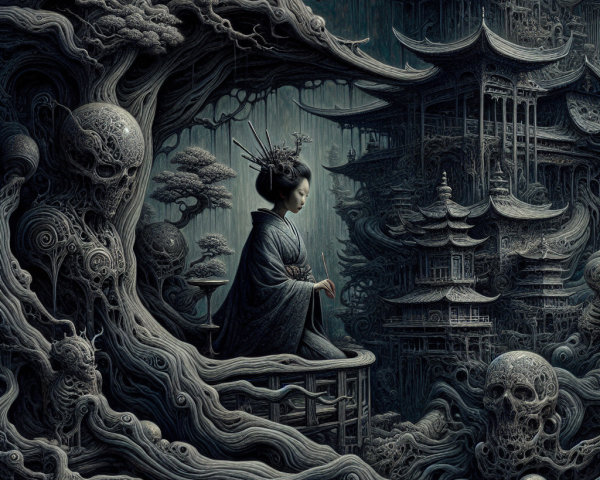 Serene Figure in Traditional Attire Amid Surreal Landscape
