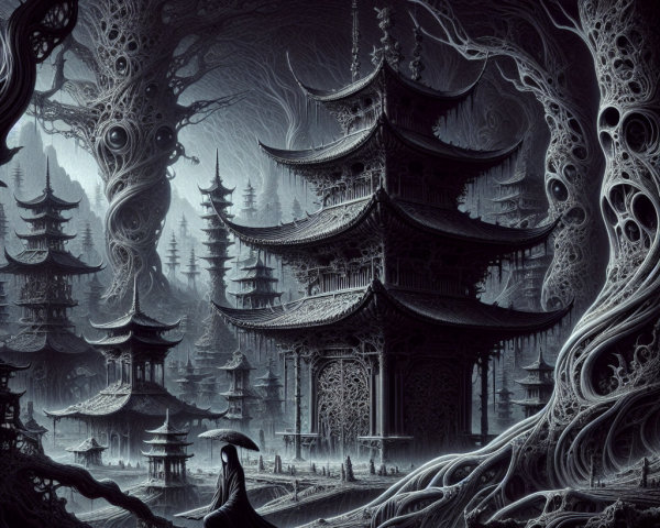 Surreal Landscape with Pagodas and Twisted Trees