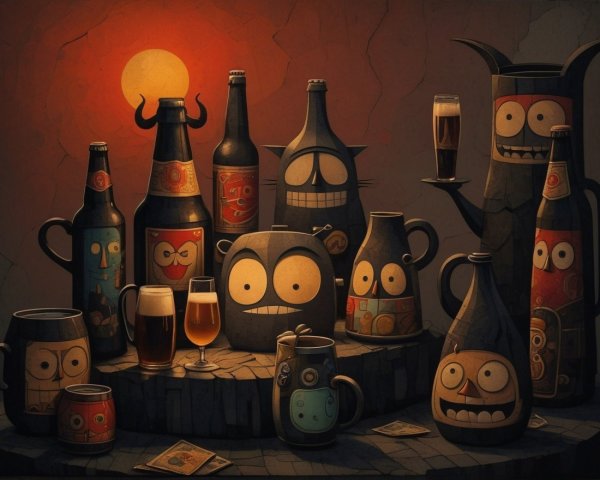 Whimsical Cartoon Beverage Containers on Wooden Table