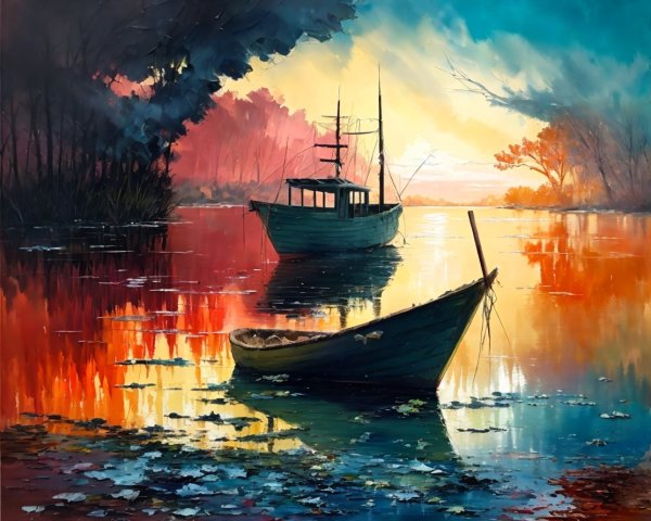 Lakeside Sunset Scene with Boats and Reflections