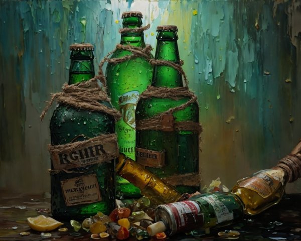 Green Glass Bottles with Citrus and Colorful Candies