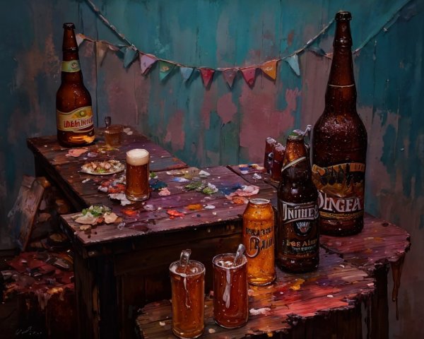 Rustic Wooden Table with Beverages and Snacks