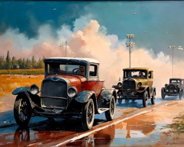 Vintage Cars Racing on a Wet Road Under Blue Sky