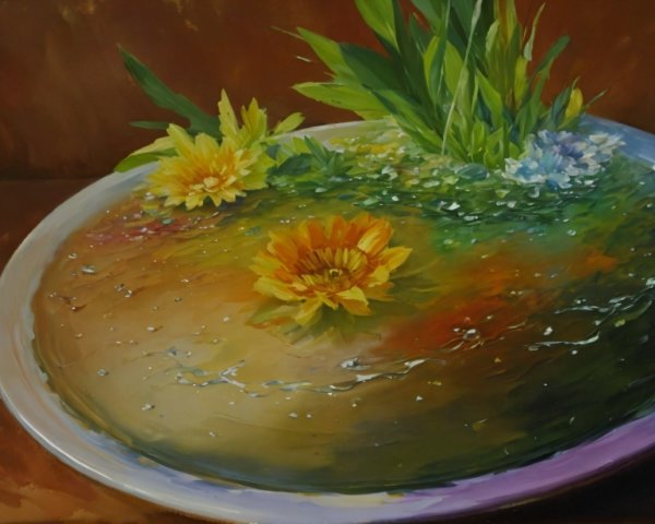 Serene Water Surface with Yellow Flowers and Green Leaves