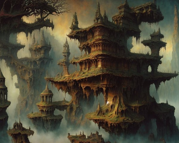 Otherworldly landscape with ancient structures and mist