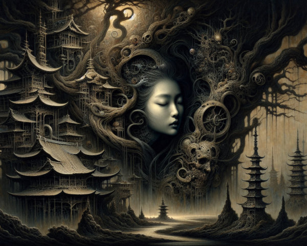 Surreal Landscape with Pagodas and Ethereal Elements