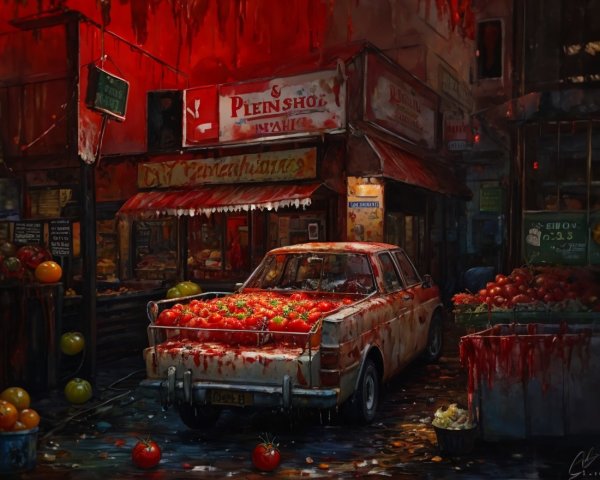Vintage car with red tomatoes in market alley