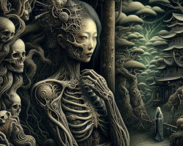 Surreal Scene with Anatomical Figure in Ethereal Landscape