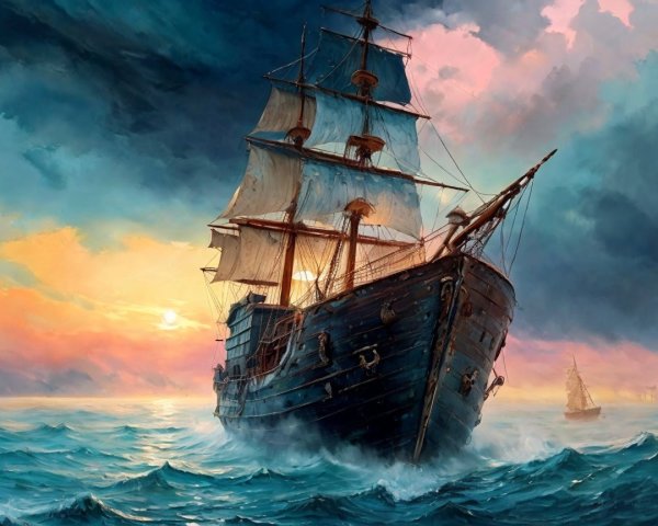 Majestic Sailing Ship in Turbulent Waters Scene