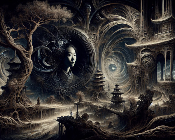 Surreal Landscape with Serene Figure and Pagodas