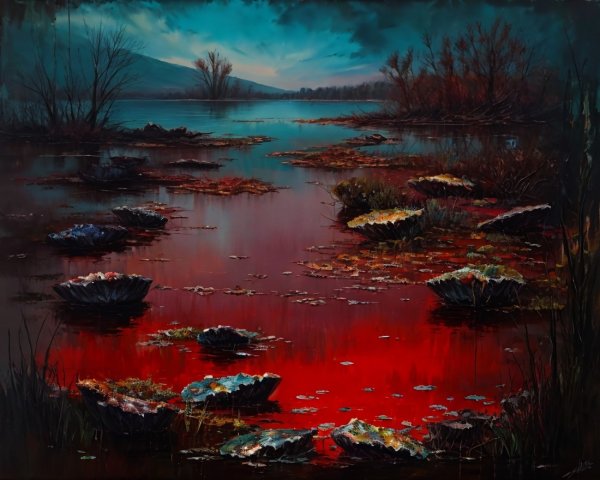Serene Water Landscape with Dark Trees and Red Tones