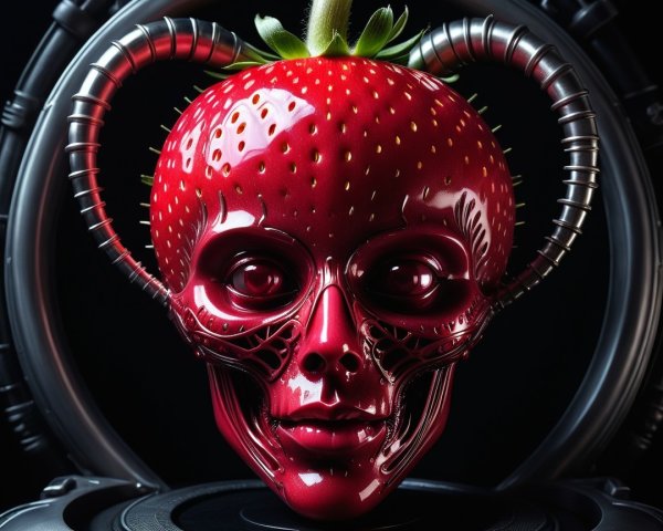 Vibrant Strawberry and Metallic Skull Fusion Design