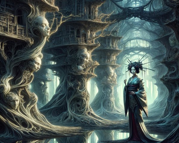 Surreal Landscape with Organic Structures and Faces