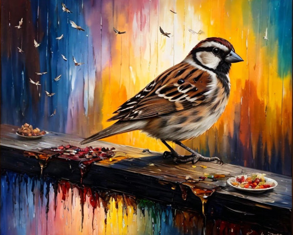 Sparrow on Perch with Vibrant Abstract Background