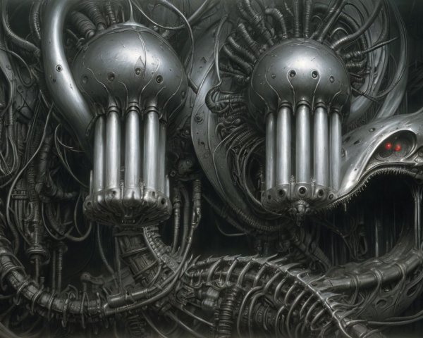 Intricate Dark Scene with Mechanical Components and Robots