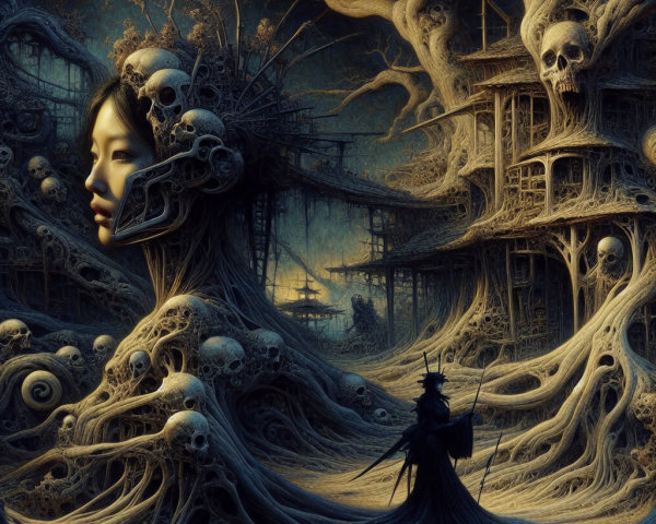 Surreal Landscape with Ethereal Female Figure and Skulls