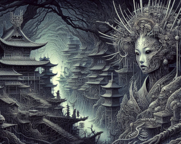 Surreal Landscape of Ancient Architecture and Futuristic Elements