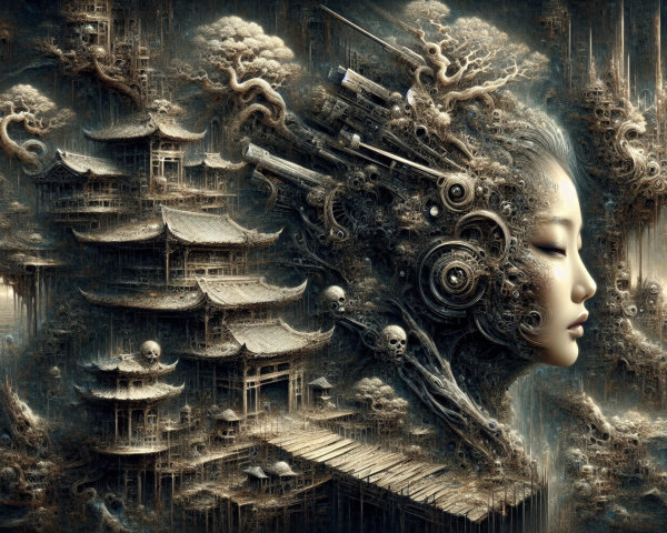 Surreal Fusion of Ancient Architecture and Futuristic Elements