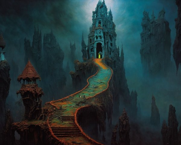 Mystical Landscape with Ancient Castle and Foggy Cliffs