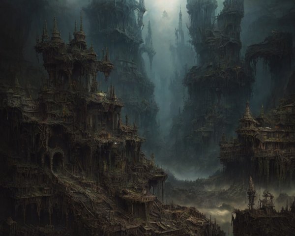 Ethereal Landscape with Dilapidated Structures and Vines