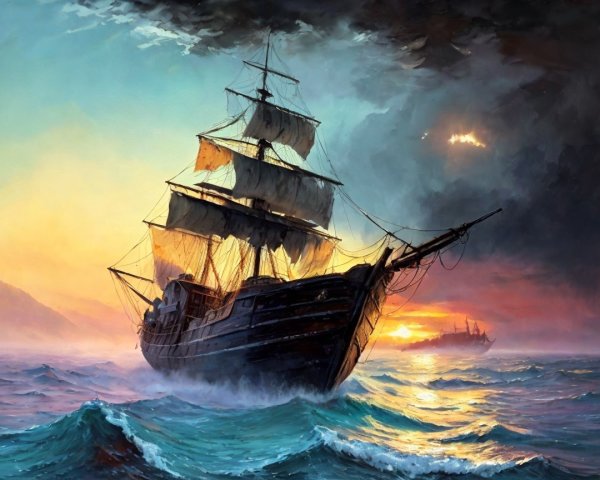 Majestic Sailing Ship on Tumultuous Waves at Sunset