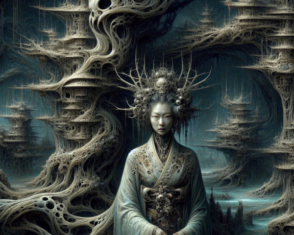 Mystical Figure in Surreal Landscape with Ethereal Structures