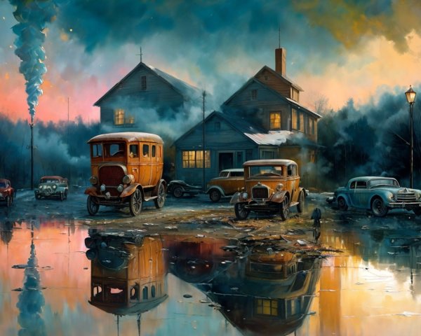 Vintage Hamlet at Dusk with Classic Cars and Warm Glow