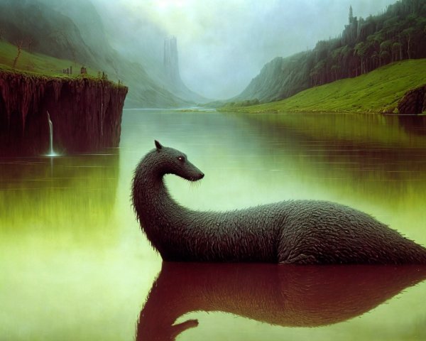 Misty Lake with Dragon Creature and Towering Cliffs