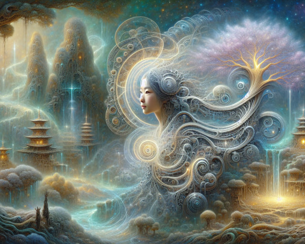 Surreal Landscape with Woman's Face and Ethereal Elements