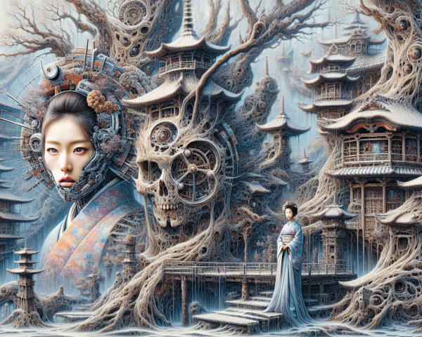 Stylized Japanese Women in Intricate Fantasy Scene