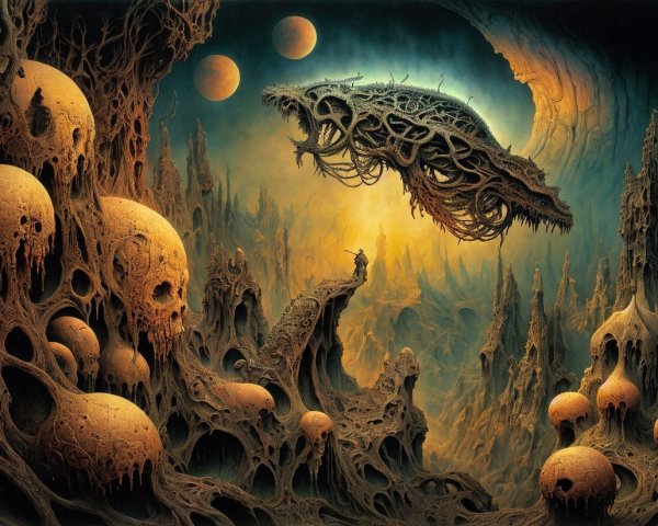 Surreal Landscape with Skulls and Organic Architecture