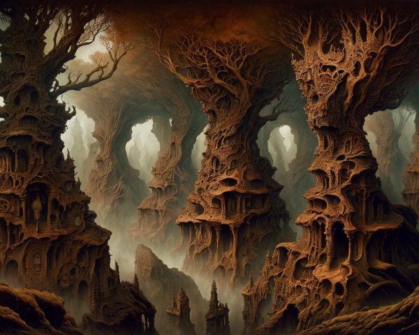 Surreal Landscape with Gnarled Trees and Misty Atmosphere