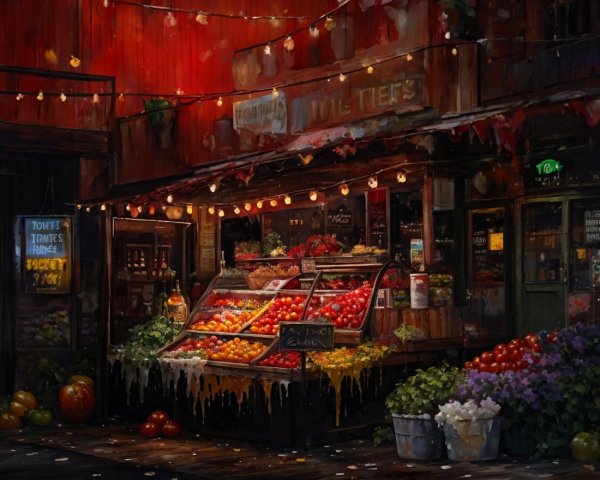 Vibrant Night Market Stall with Fresh Fruits and Lights