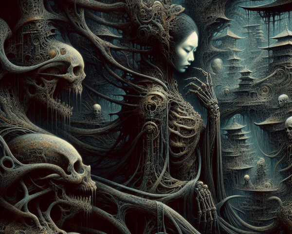Surreal Dark Scene with Ethereal Figure and Skulls