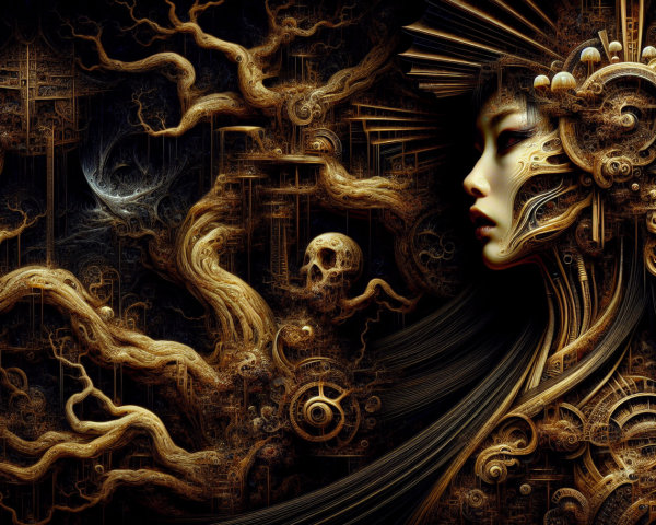 Intricate Artwork Merging Face with Mechanical Elements