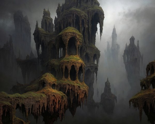 Surreal Landscape with Gothic Rock Formations and Fog