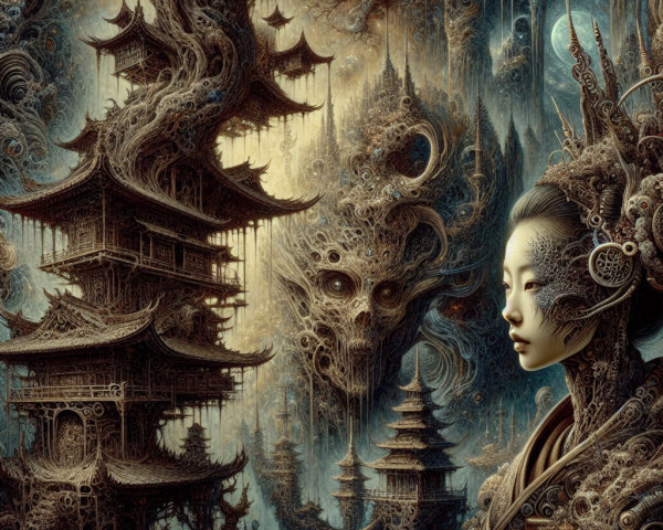 Surreal Landscape with Pagoda and Mystical Creatures