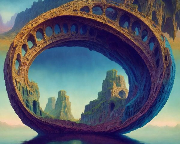 Surreal Landscape with Floating Arch and Tranquil Water