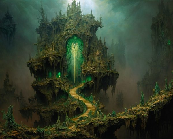 Fantastical Landscape with Towering Structures and Vines