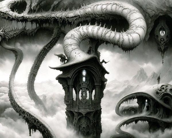 Surreal Monochromatic Landscape with Serpentine Creature
