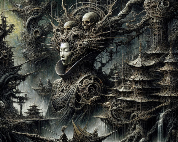 Surreal Landscape with Organic Structures and Figures